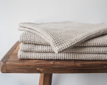 Waffle linen towel. bath towel made from soft 100% waffle linen. pure white or natural linen color.