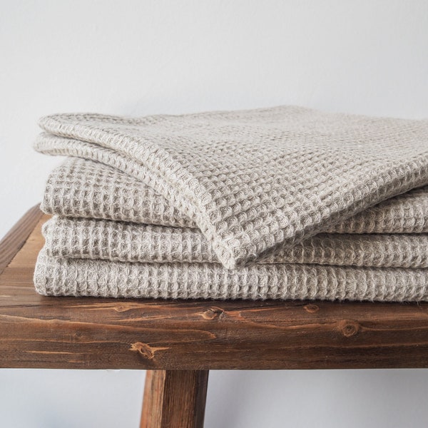 Waffle linen towel. bath towel made from soft 100% waffle linen. pure white or natural linen color.