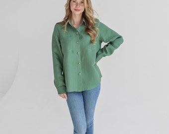 Casual linen shirt made of 100% linen in eucalyptus green color. linen shirt iris.