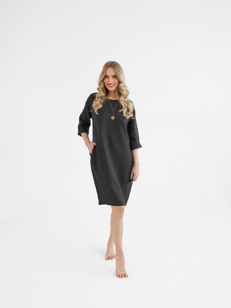 Simple linen shift dress in black. linen dress peony. image 1
