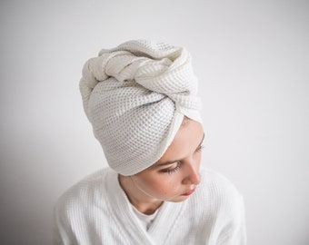 Pure white waffle linen turban. Hair turban made from 100% linen.