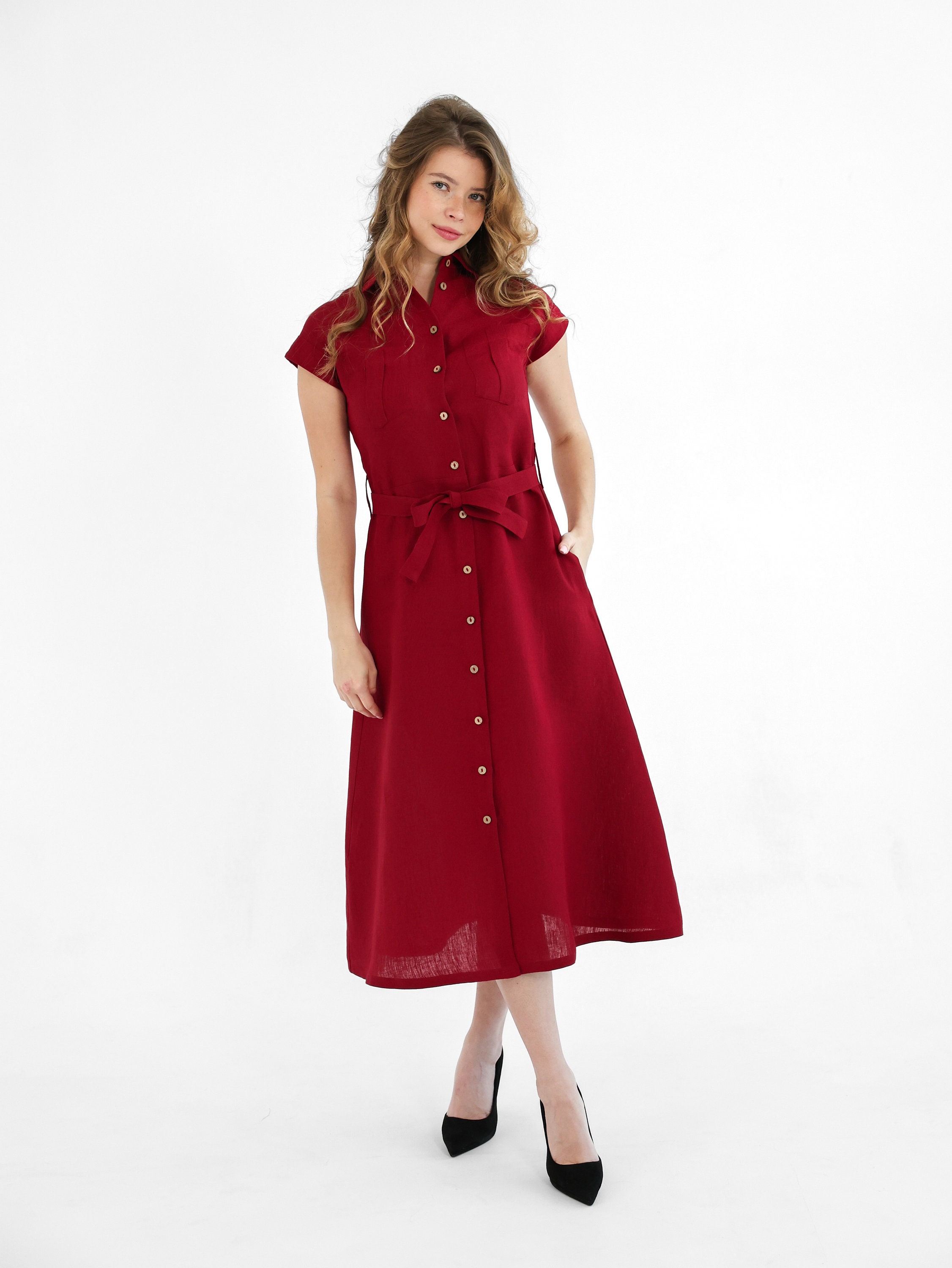 red linen shirt dress Solid Linen Belted Shirt Dress