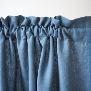 Dusty blue heavy linen curtain panel with decorative header / 1 pcs