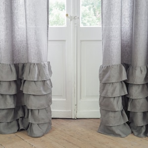 Pannello per tenda grigio con volant in lino medio (160 g/m2). Arredamento rustico. Manto grigio.