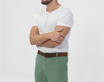Linen pants for men. Green pants. Mens fashion.