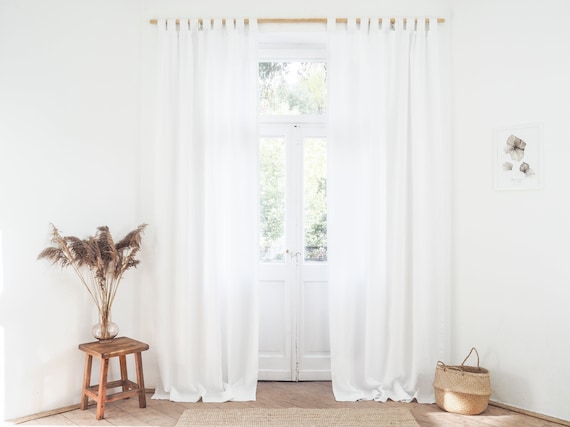 Pure White Tab Top Heavy Linen 280 G m2 Curtain Panel Made of