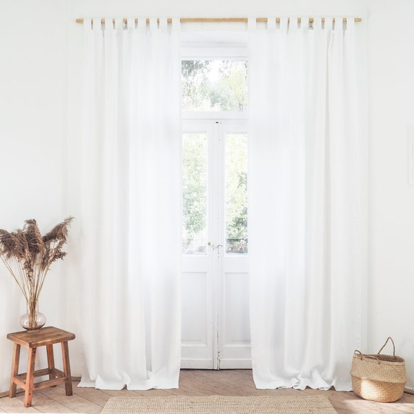 Pure white tab top heavy linen (280 g/m2) curtain panel made of stonewashed linen / 1 pcs