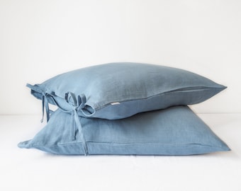 Dusty blue linen pillow case with ties. linen pillowcase with bows. Christmas gift idea
