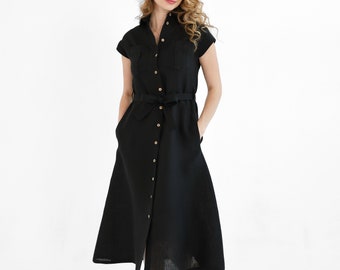 Linen Shirt Dress, Buttoned Midi with Pockets