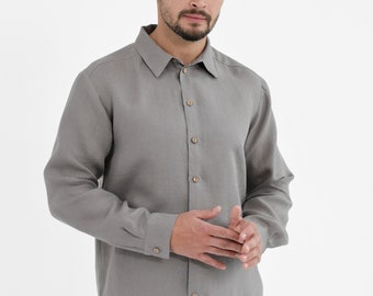 Grijs linnen overhemd heren, handgemaakte stonewashed button-down
