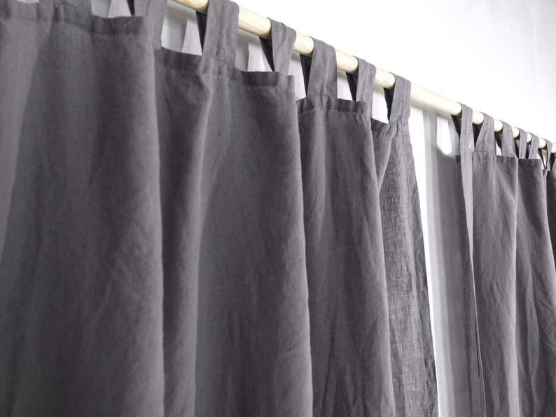 Gray tab top window curtain panel made of stonewashed linen