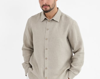Mens Linen Shirt, Long Sleeve Flax Button-Down, Handmade in Poland