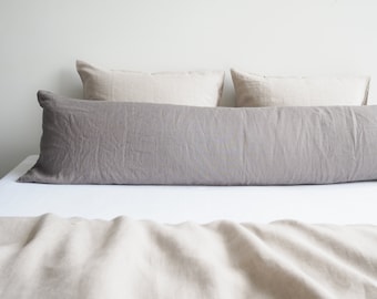 Linen body pillow pillowcase in true gray. Pillowcase for a long pillow made from 100% stonewashed linen.