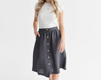 Dark Gray Linen Skirt with Coconut Buttons, Midi Skirt
