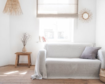 Heavy Linen Couch Cover, Gray Striped Sofa Throw, Custom Size