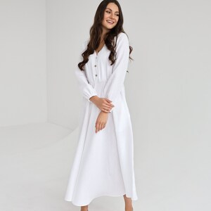 Boho linen dress in pure white color. linen dress camellia. image 5