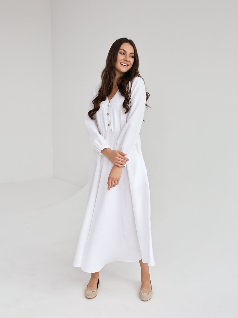 Boho linen dress in pure white color. linen dress camellia. image 5