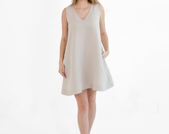 Beige Linen Mini Dress, Sleeveless A-Line Summer Dress