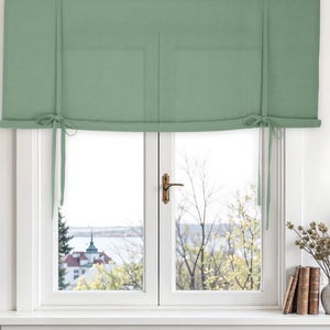 Heavy linen tie up curtain. Tie up blind made of linen. Roll up curtains.