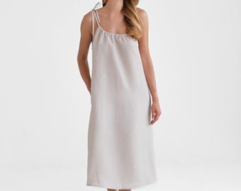 Abito midi in lino beige, abito estivo senza maniche