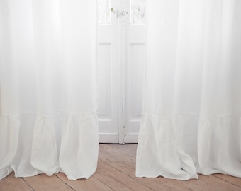 White Linen Curtain Panel with Ruffle, Farmhouse Stonewashed Linen Drapes