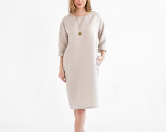 Beige Minimalist Summer Linen Dress With Long Sleeves, Midi Shift Dress  With Gather Tie Detail, Short Relaxed Dress for Women, Sizes XS-4XL - Etsy