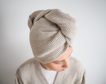 Waffle linen turban in natural linen. hair turban made from 100% linen.