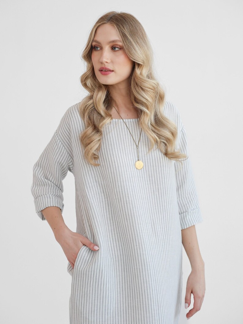 Linen beach coverup in gray stripes. linen dress peony. image 8