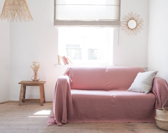 Heavy Linen Couch Cover, Dusty Pink Sofa Throw, Boho Style
