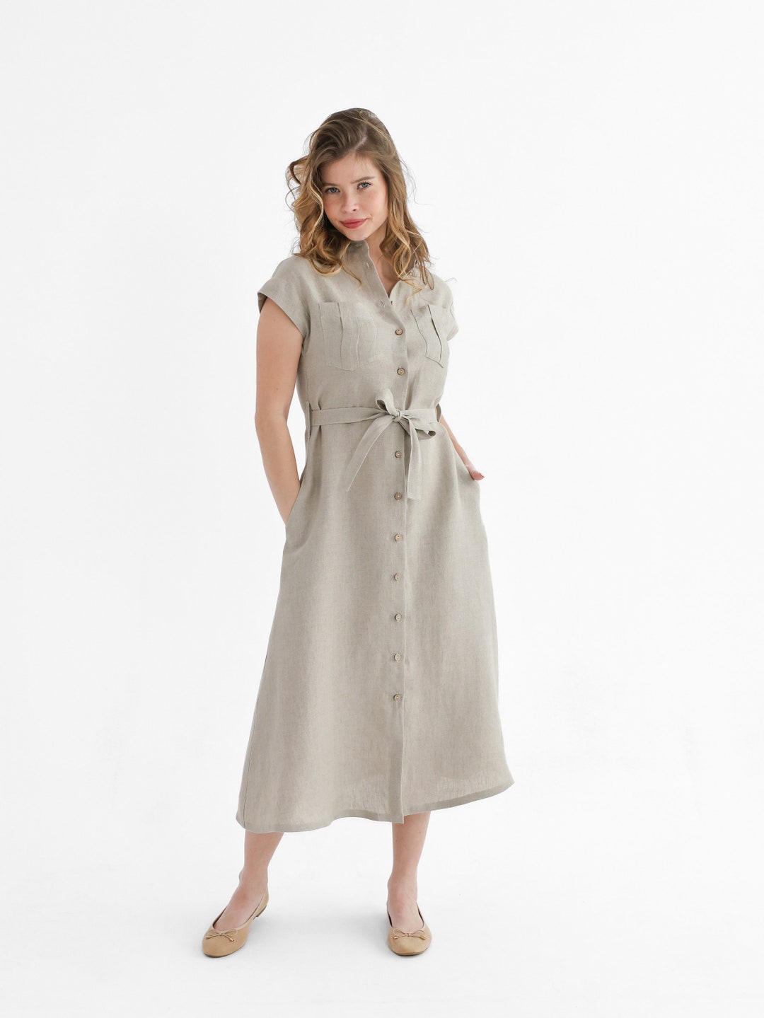 Beige Linen Shirt Dress, Short Sleeve, Natural Clothing, Breathable