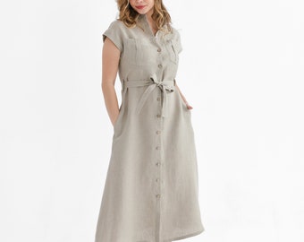 Beige Linen Shirt Dress, Short Sleeve, Natural Clothing, Breathable
