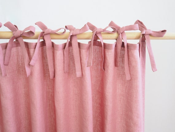 Dusty Pink Linen Curtains Tie Top Curtain Panel With Ribbons Etsy
