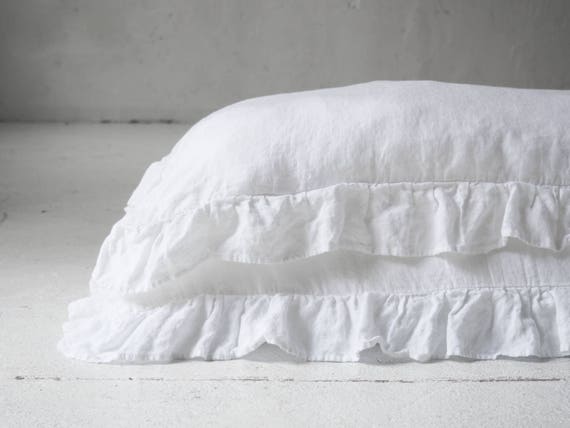 White ruffled linen pillow cases custom True gray ruffled linen pillow cases