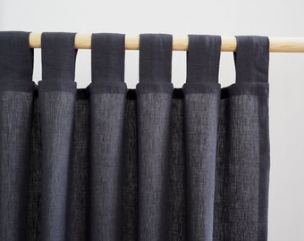 Tab top stonewashed linen curtain made of MEDIUM LINEN (160 g/2). Charcoal color.