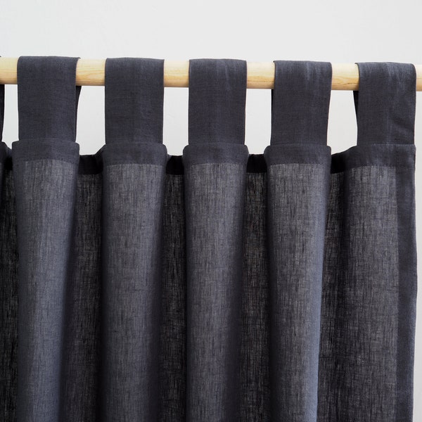 Tab top stonewashed linen curtain made of MEDIUM LINEN (160 g/2). Charcoal color.