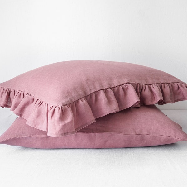 Dusty pink ruffled linen pillow cases. Pink linen pillow cover with ruffles. Handmade by so linen!