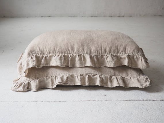Rustic ruffled linen pillowcases custom True gray ruffled linen pillow cases