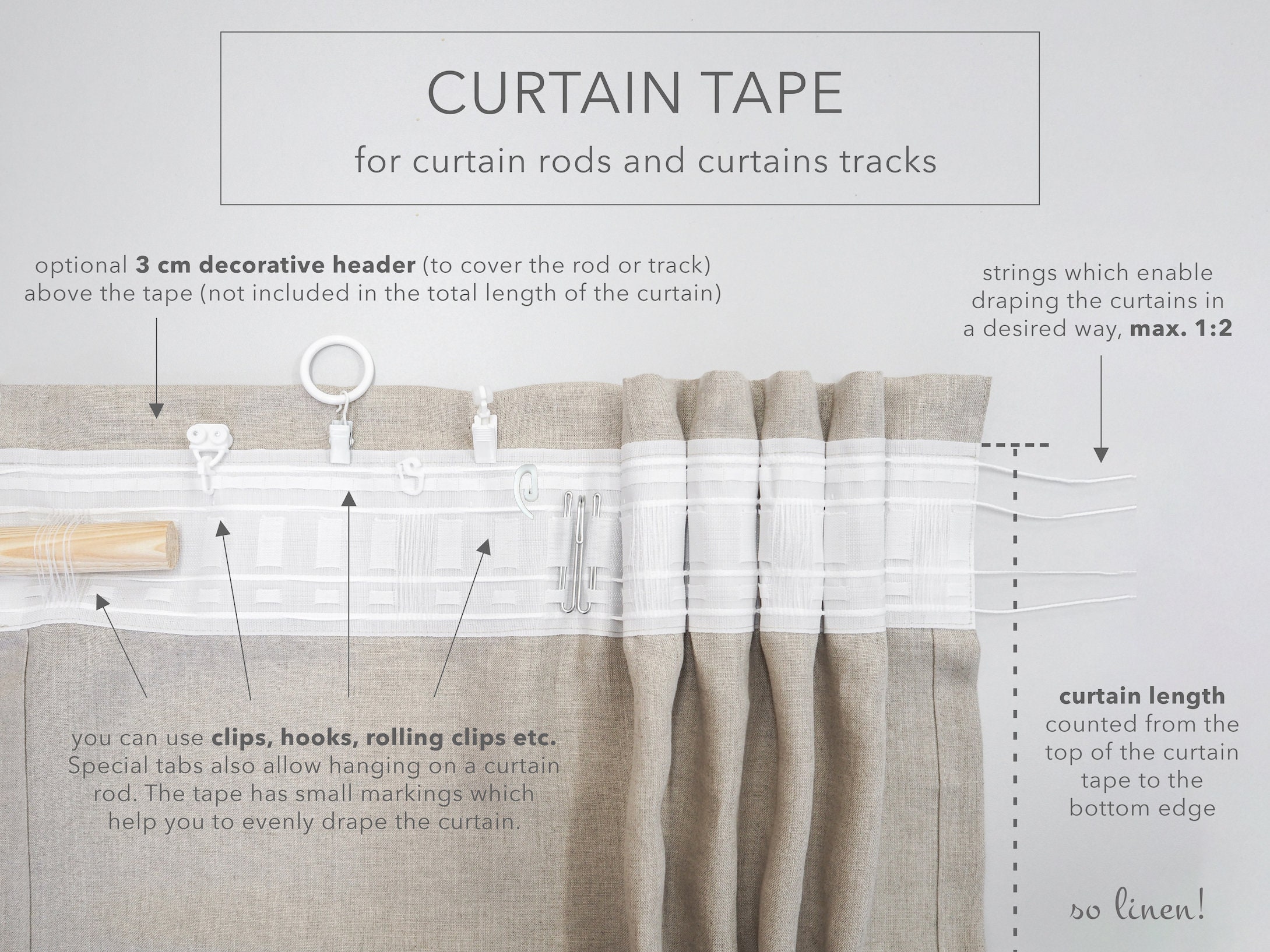 Linen Curtain With Pleating Tape. Pencil Pleat Curtain Made of Stonewashed  MEDIUM LINEN 160 G/2. 
