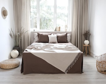 Beige linen blanket with fringes. Boho bed throw. Custom blanket.