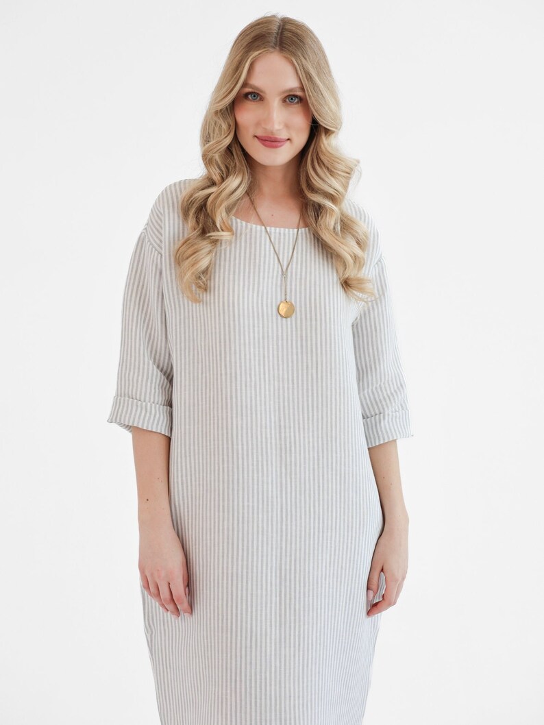 Linen beach coverup in gray stripes. linen dress peony. image 7