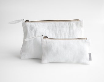 Sustainable Linen Makeup Pouch. Linen cosmetic bag in pure white color.