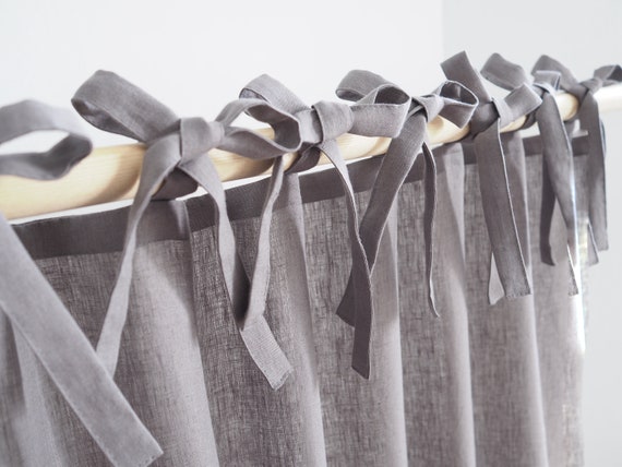 Gray Linen Curtains Tie Top Curtain Panel With Ribbons Etsy