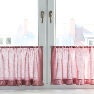 Pink cafe curtains with a ruffle. Short linen curtains. Kitchen curtains.