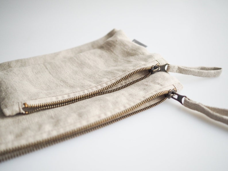 Minimalist linen makeup bag. sustainable linen makeup pouch in natural linen color. image 4