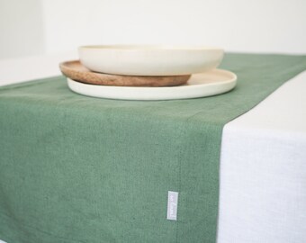 Eucalyptus green linen table runner. Medium stonewashed linen