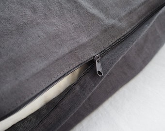 Charcoal pillowcase with a zipper. dark linen pillow cover.