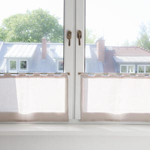 Short kitchen curtains with tab tops. Linen cafe curtains.