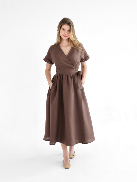 brown midi dress wedding guest Women's Elegant Satin Pleated V Neck Collar Short Sleeve Ruched Dresses (Red M) making this dress perfect for wedding guests Modest Bridesmaid Dress - Cocktail