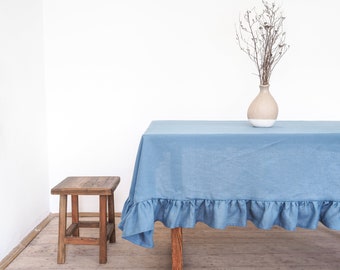 Blue christmas tablecloth with frill |  Linen tablecloth | Custom sizes