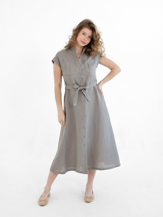 Linen Shirt Dress, Handmade Casual Dress With Belt - Etsy